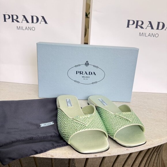 Prada Satin Crystal Embellished Acqua Slide Mules Sandals 37.5, 1XX642 NEW - Picture 14 of 16